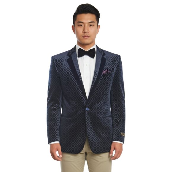 Empire™ Geometric Velvet Shawl Lapel Navy Blue Blazer, Modern Fit – NWT - Picture 1 of 5